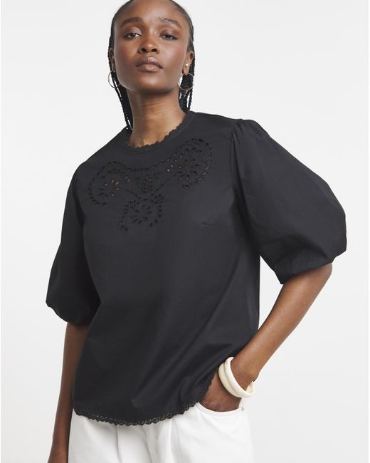 Simply Be Black Broderie Puff Sleeve Blouse