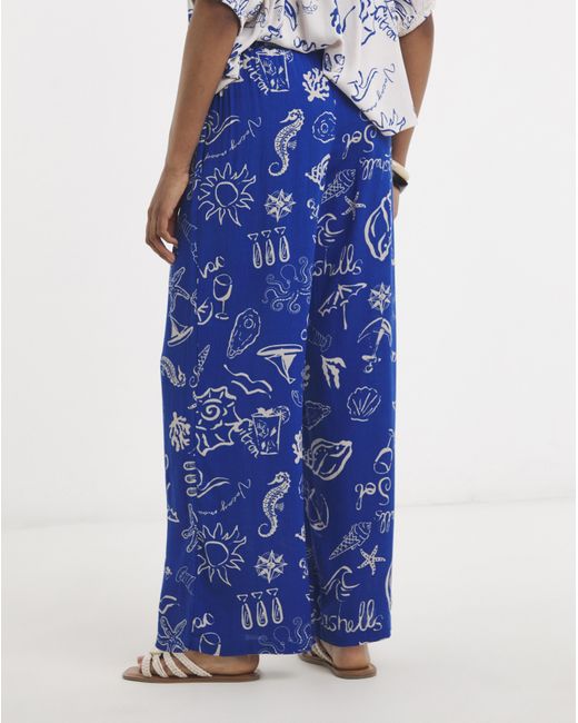 Simply Be Blue Shell Print Wide Leg Crinkle Trouser
