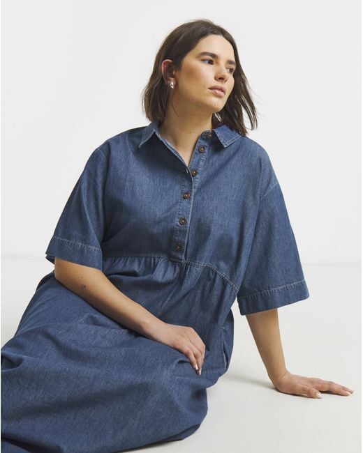 Simply Be Blue Short Sleeve Collared Denim Midaxi Dress