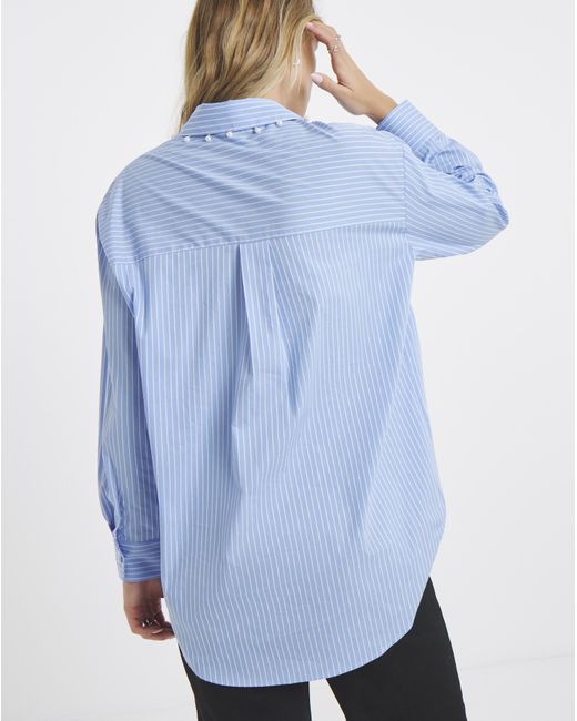 Simply Be Blue Stripe Shirt With Pearl Trim Detailing