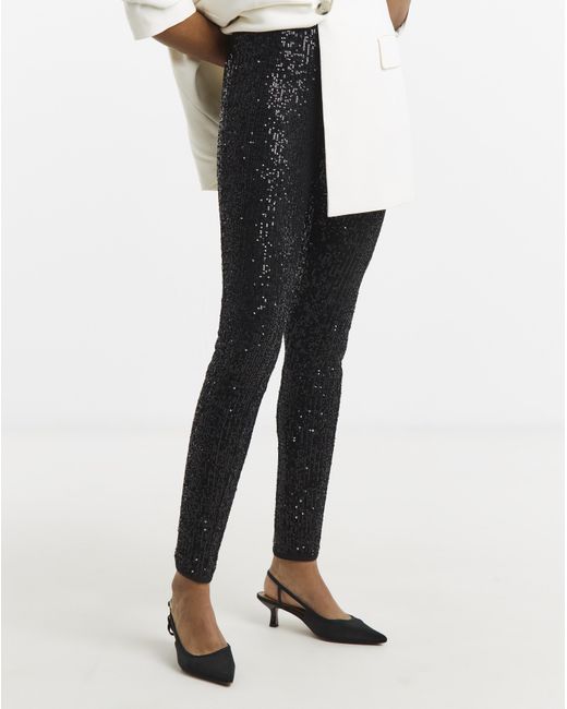 Simply Be Black Sequin Pull On Skinny Trousers