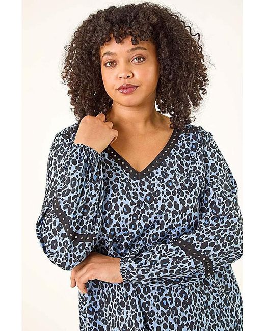 Roman Curve Blue Animal Print Studded Top