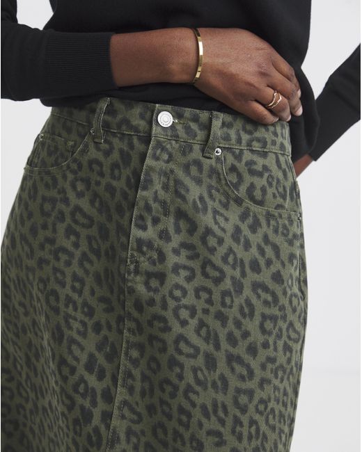 Simply Be Green Sbe Leopard Denim Midaxi Skirt