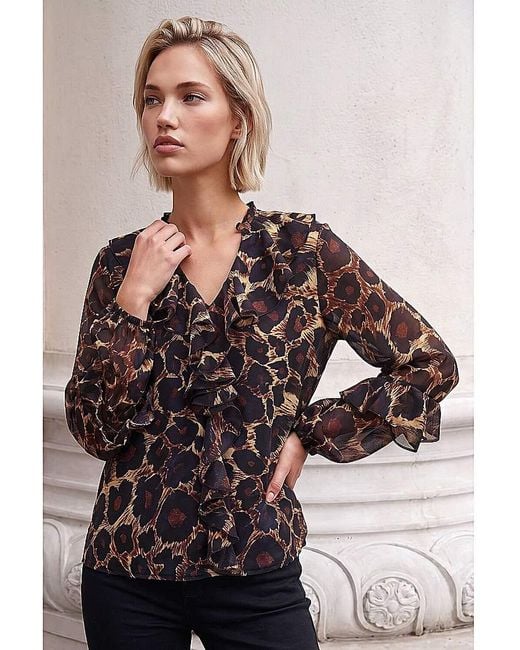 Roman Brown Roman Animal Print Ruffle Top