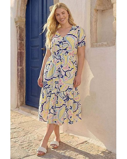 Roman Curve Blue Abstract Print Button Dress
