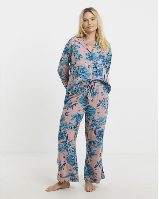 Figleaves Blue Printed Viscose Pyjama Set