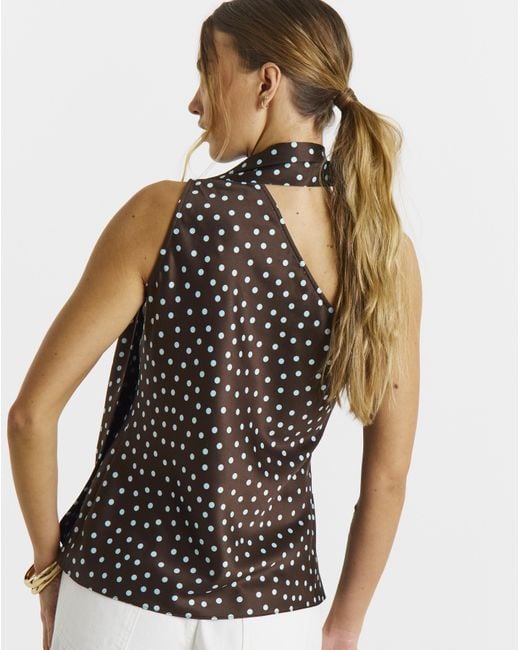 Simply Be Blue Chocolate Spot Satin Scarf Neck Top