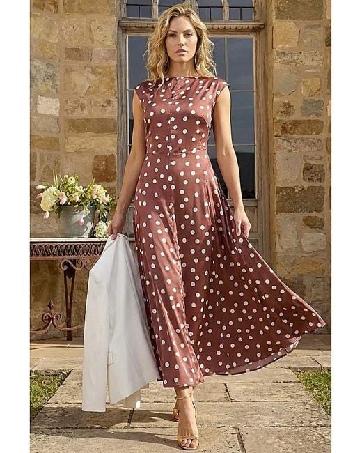 Roman Brown Roman Polka Dot Boat Neck Dress