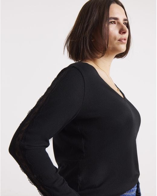 Simply Be Black Slash Neck Rib Top With Lace Sleeve