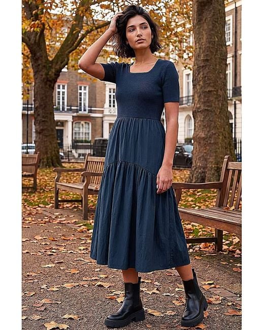 Roman Blue Roman Knit Woven Mix Midi Dress
