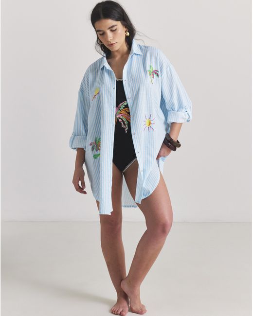 Beach To Beach Blue Embroidered Button Up Beach Shirt