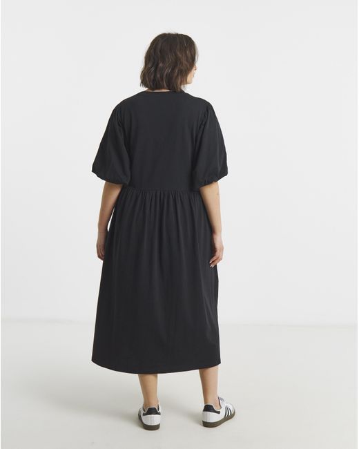 Simply Be Black Puff Sleeve Jersey Smock Pocket Midi