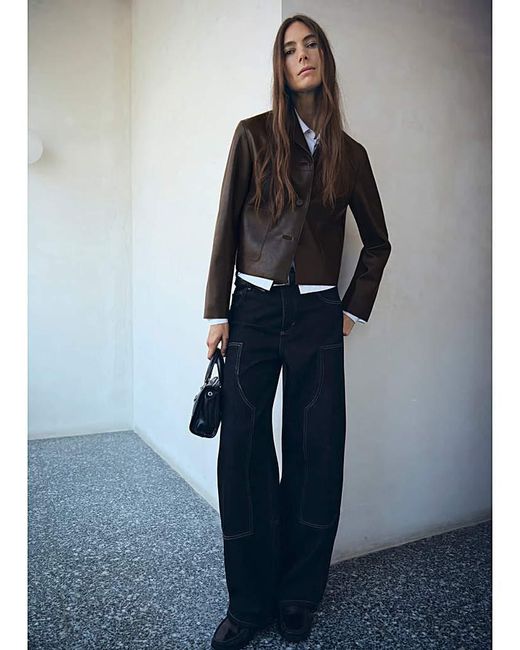 Mango Blue Faux Leather Collared Jacket