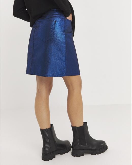 Simply Be Blue Exposed Button Metallic Mini Skirt