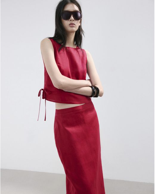 Mango Red Linen Midi Skirt