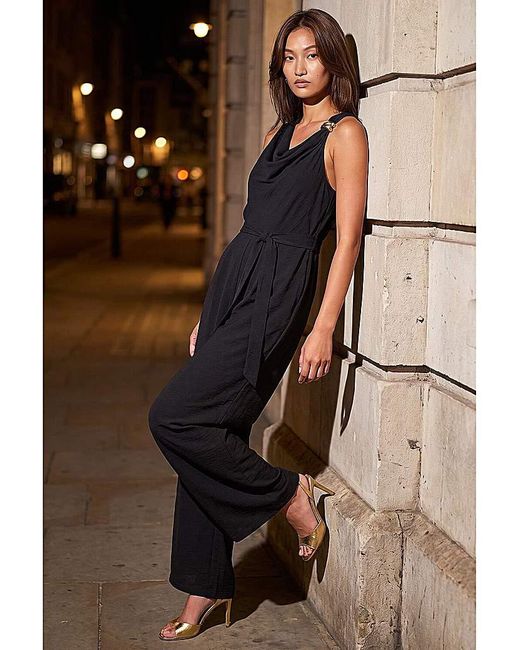 Roman Black Roman Cowl Neck Hardware Trim Jumpsuit