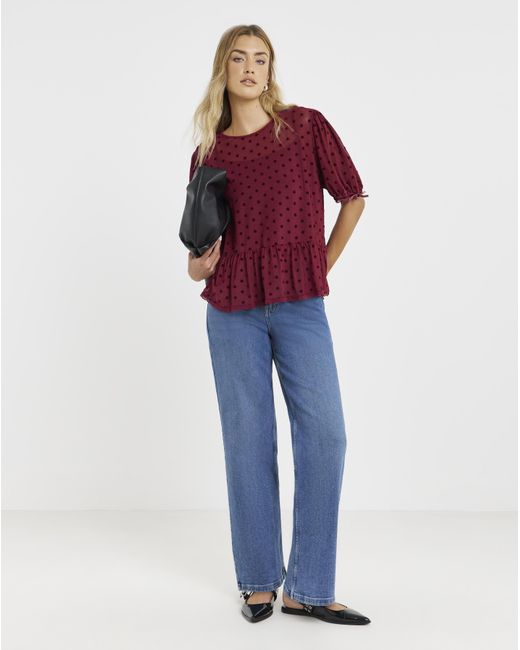Simply Be Red Lace Mesh Puff Sleeve Top