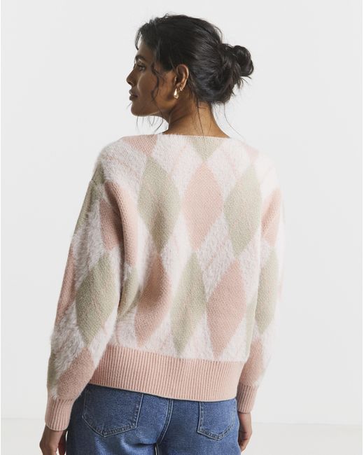 Simply Be Blue Fluffy Argyle Boyfriend Cardigan
