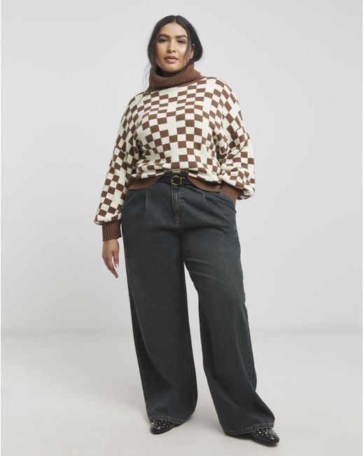 Native Youth Brown Oversized Checkered Jumper