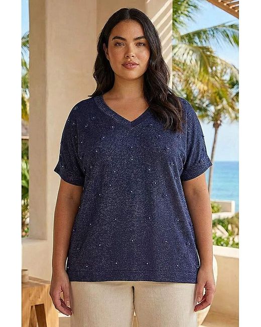 Roman Curve Blue Faux Pearl Embellished Top