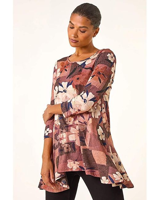 Roman Red Roman Floral Print Hanky Hem Stretch Top