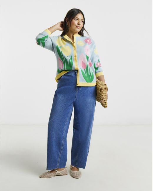 Simply Be Blue Floral Graphic Crew Neck Cardigan