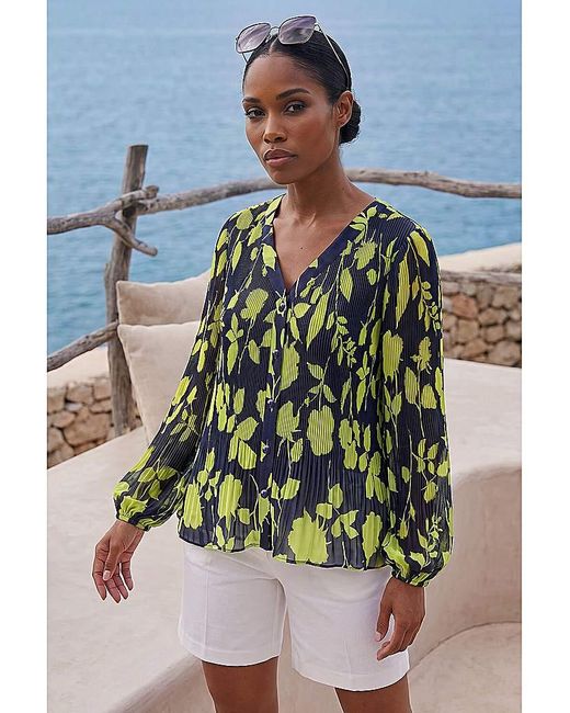 Roman Blue Roman Floral Print Pleated Blouse