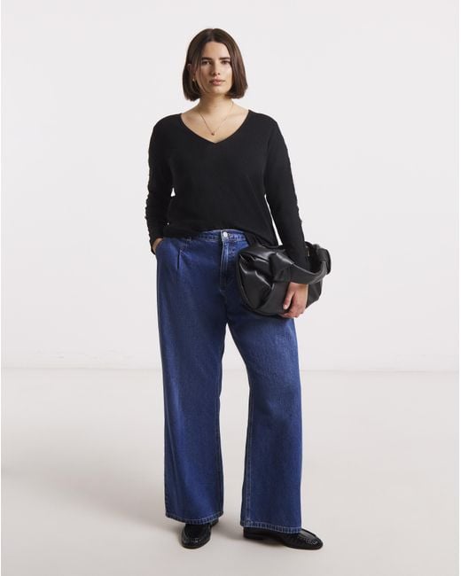 Simply Be Black Slash Neck Rib Top With Lace Sleeve