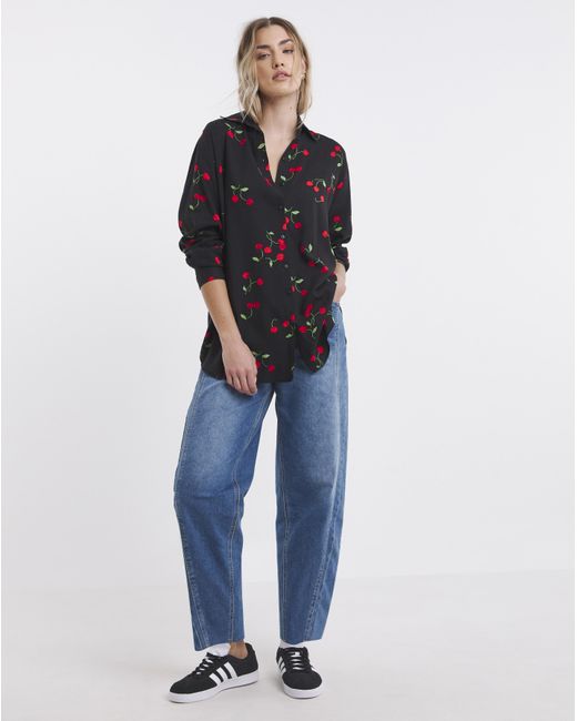 Simply Be Blue Cherry Long Sleeve Viscose Relaxed Shirt