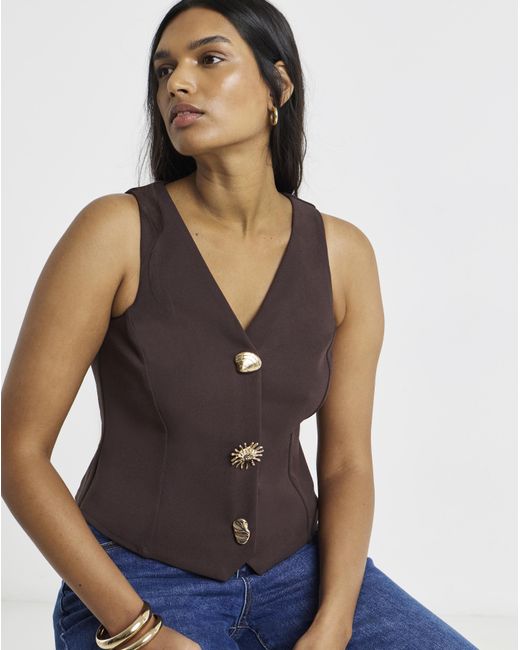 Simply Be Brown Scuba Button Detail Crepe Waistcoat