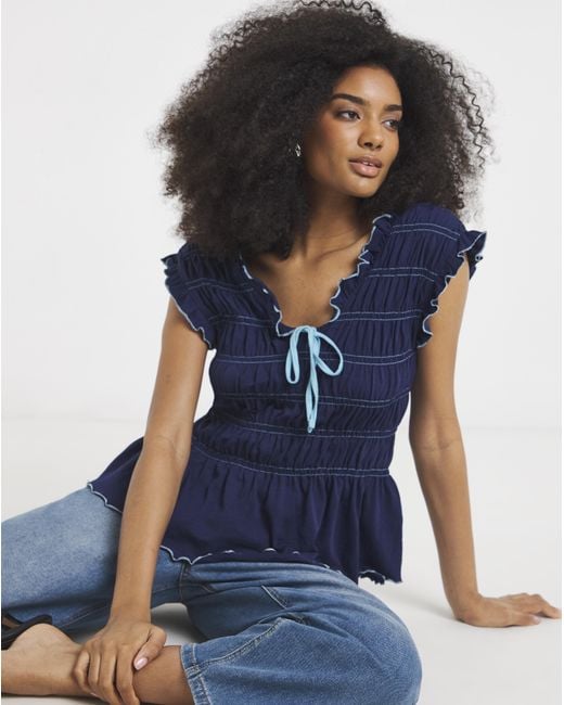 Simply Be Blue Shirred Peplum V Neck Top