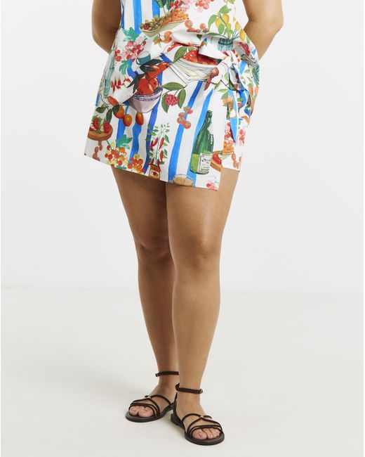 Simply Be Blue Plate Print Wrap Skort