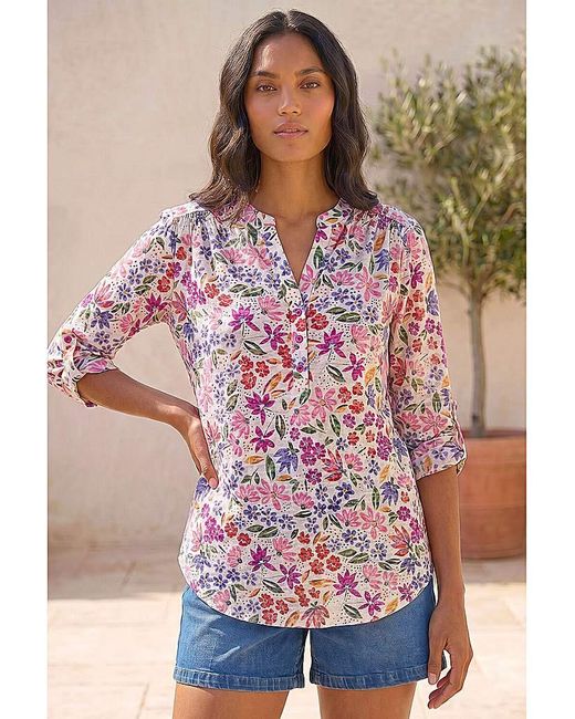 Roman Pink Roman Floral Print Burnout V-Neck Top