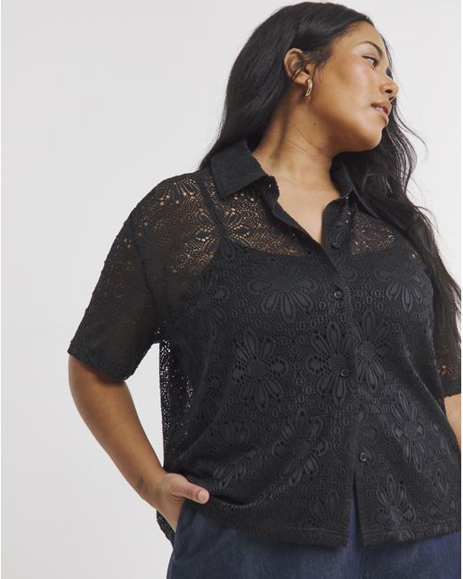 Simply Be Black Stretch Floral Crochet Boxy Shirt