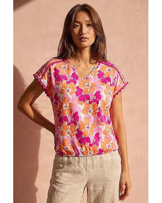 Roman Pink Roman Floral Print Ric Rac Trim Top