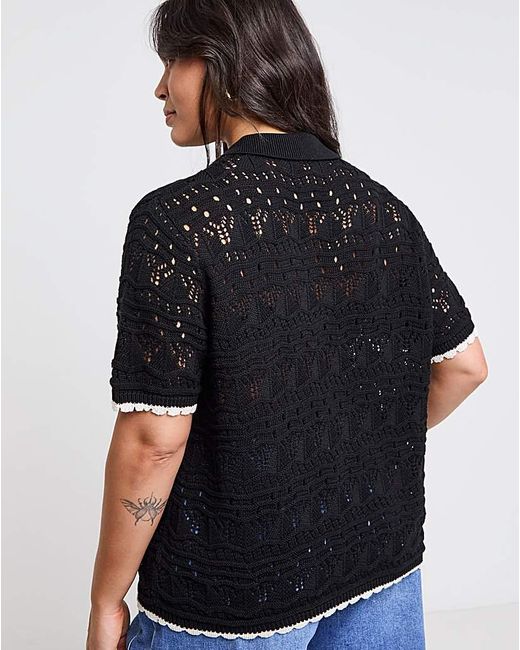 Simply Be Black Pointelle Collared Knit Top
