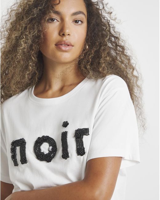 Simply Be White Noir Beaded Floral Graphic T-Shirt