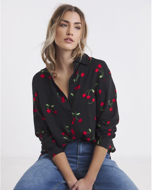Simply Be Blue Cherry Long Sleeve Viscose Relaxed Shirt
