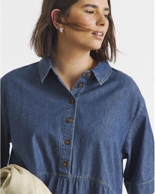 Simply Be Blue Short Sleeve Collared Denim Midaxi Dress