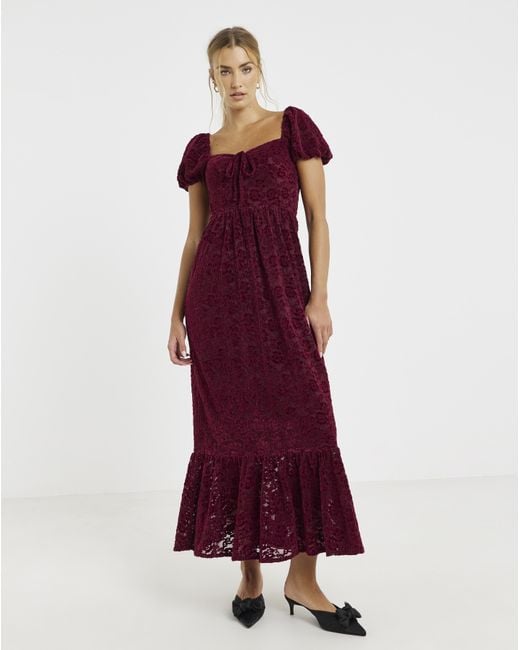 Lovedrobe Red Puff Sleeve Devore Midaxi