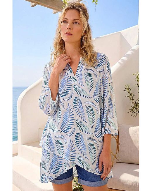 Roman Blue Roman Leaf Print Wrap Hem Tunic Top