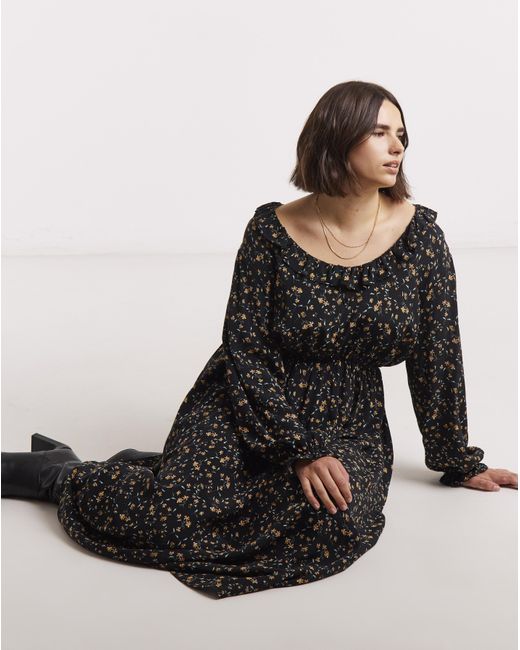 Simply Be Black Frill Neck Detail Midi Dress