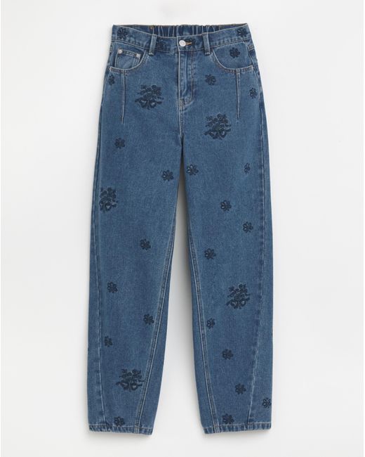 Simply Be Blue Embroidered Barrel Jeans