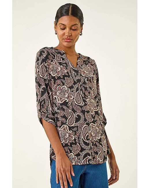 Roman Natural Roman Paisley Print V-Neck Stretch Shirt