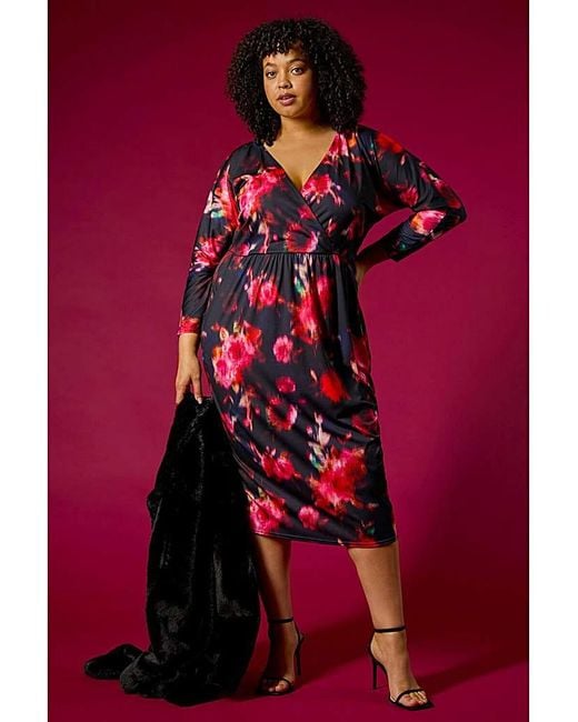 Roman Curve Red Floral Print Mesh Midi Dress