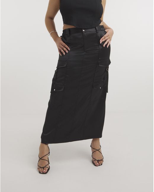 Simply Be Black Satin Cargo Midaxi Skirt