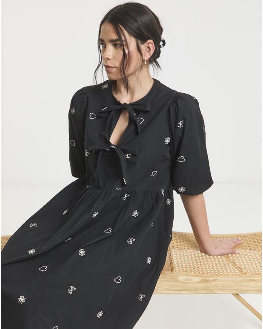 Simply Be Black Bow Embroidered Midi Dress