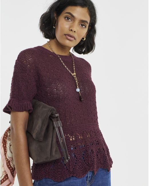 Simply Be Purple Peplum Stitch Detail Ss Knit