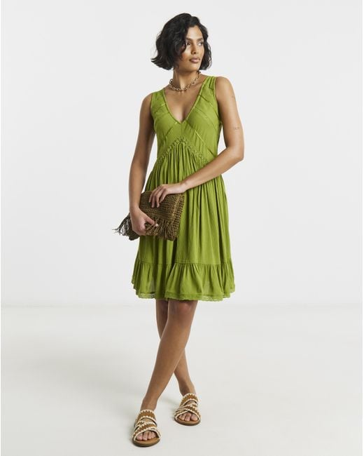 Simply Be Green Crinkle Smock Dress With Ladder Trim