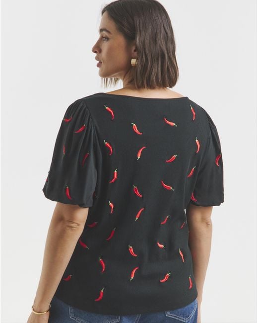 Simply Be Gray Chilli Embroidered Puff Sleeve Top